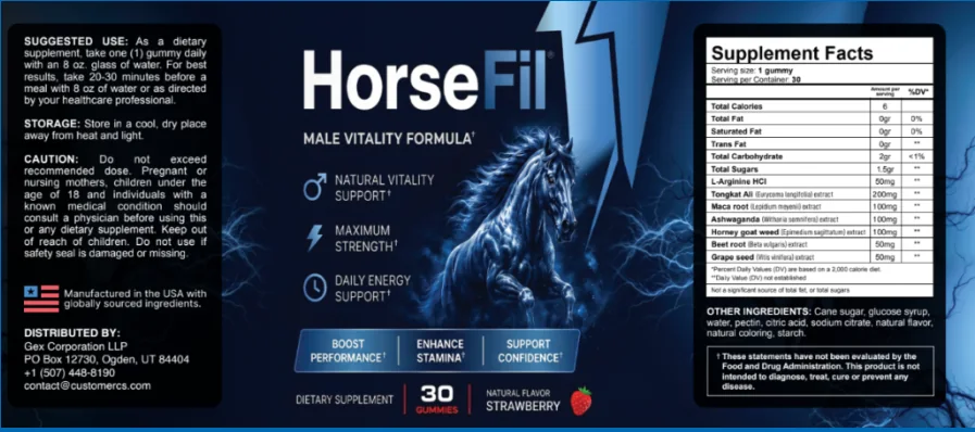 HorseFil Male Vitality Formula Supplement Facts label
